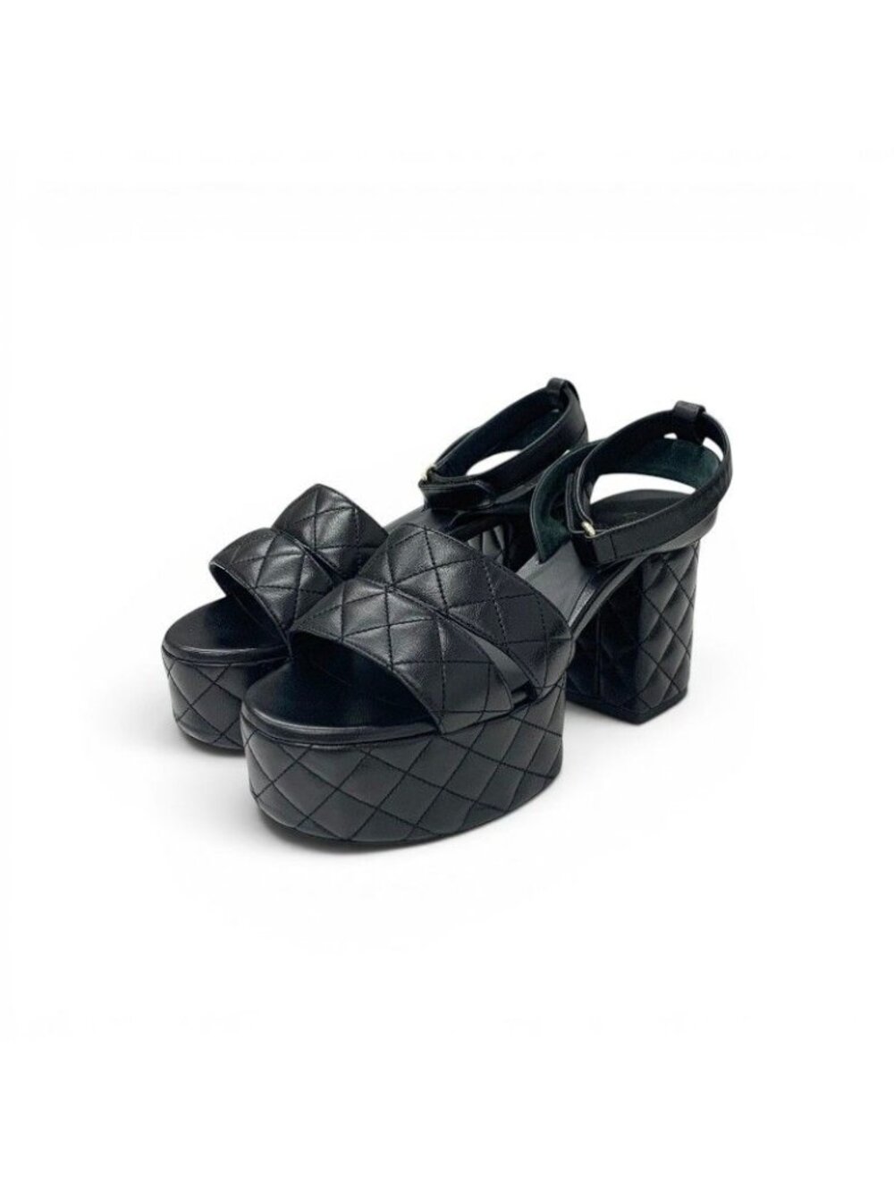 Chanel Sandals Shoes Leather Black Gold CC Logo Quilted Strap